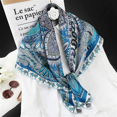 Teal Blue Printed Silk Scarf