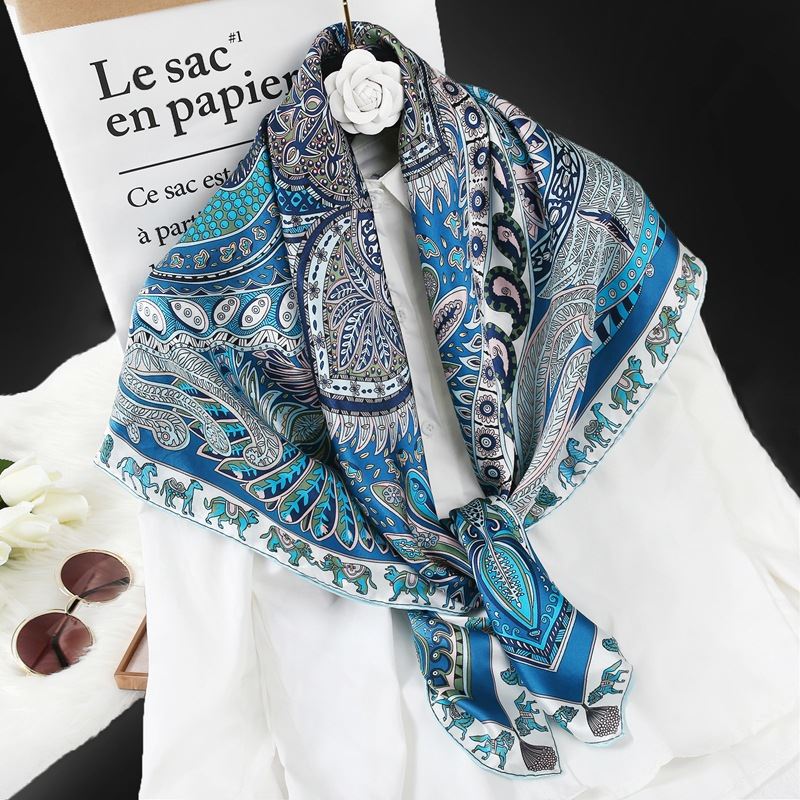 Teal Blue Printed Silk Scarf